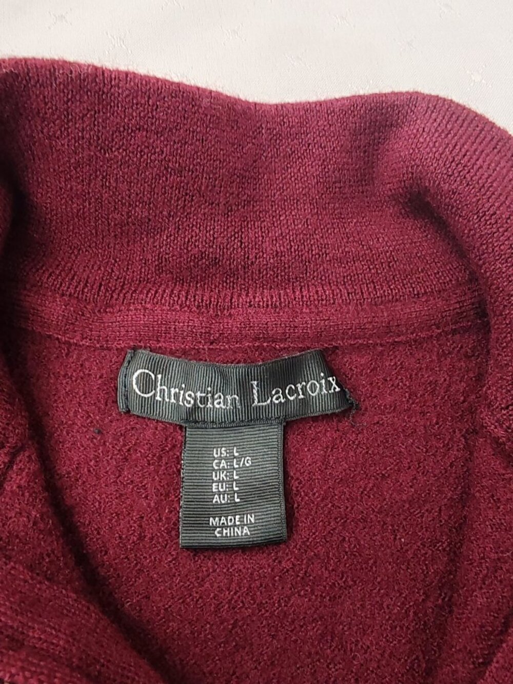 Christian Lacroix Extra Fine Merino Wool 1/4 Zip Sweater Burgundy L - Picture 5 of 10